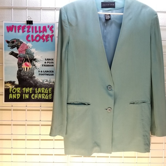 August Silk Dusty Teal Silk 2 Button Blazer Sz 14